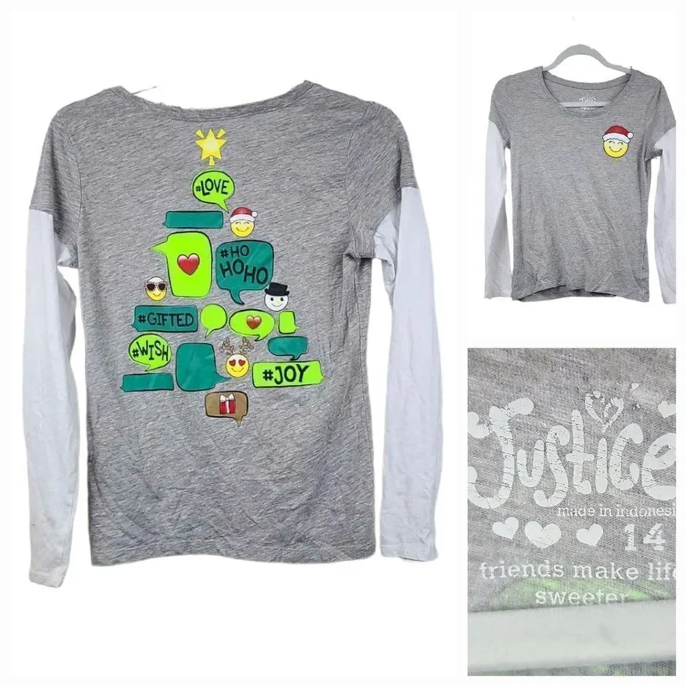 Justice Christmas Tree Girls 14 Emoji Text Bubble Holiday T-Shirt Gray Tee Shirt
